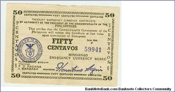 WWII PHILIPPINES 50 CENTAVOS GUERILLA/EMERGENCY NOTE. Banknote