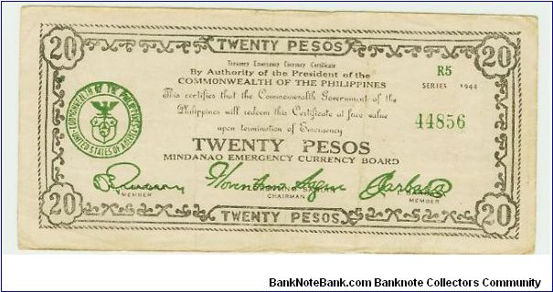 WWII PHILIPPINES 20 PESO GUERILLA/EMERGENCY NOTE. Banknote