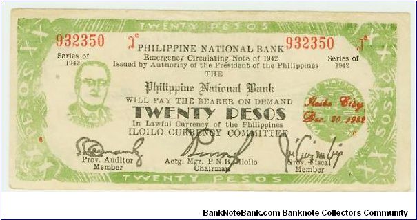 WWII PHILIPPINES 20 PESO GUERILLA/EMERGENCY NOTE HONORING PRES. ROOSEVELT. Banknote