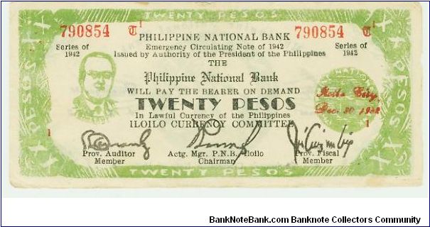THIS IS THE ERROR VARIETY. WWII PHILIPPINES 20 PESO roosAvelt GUERILLA/EMERGENCY NOTE. PRES.ROOSEVELT'S NAME MIS-SPELLED. Banknote