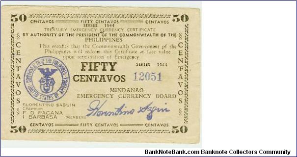 WWII PHILIPPINES 50 CENTAVOS GUERILLA/EMERGENCY NOTE. Banknote