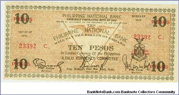 SCARCE WWII 10 PESO PHILIPPINES GUERILLA/EMERGENCY NOTE. Banknote