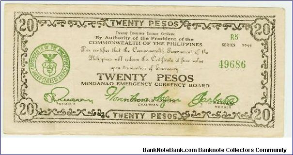 WWII PHILIPPINES 20 PESO GUERILLA/EMERGENCY NOTE.

MY ENTIRE COLLECTION OF 300 NOTES WILL BE SOLD AS A PACKAGE. PLEASE HAVE A LOOK. Banknote