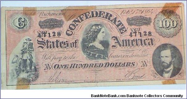 100 Dollars. Confederate States Banknote