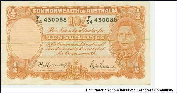 NOTE NUMBER 330 IS A NICE 10 SHILLINGS NOTE FROM AUSTRALIA. NOT SURE OF THE YEAR? I AM ADDING ONE NOTE DAILY UNTIL THIS COLLECTION REACHES 350 IN TOTAL, OR SOMEONE SNAPS IT UP. AFTER THAT, IT GOES BACK IN THE CLOSET. THIS IS NOT AN EASY ASSEMBLAGE OF NOTES, AND CONTAINS SOME GOOD VALUES. Banknote