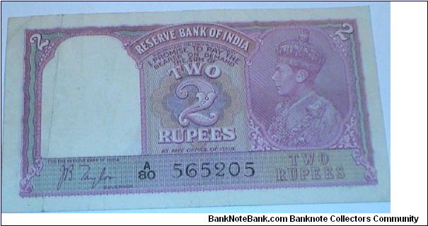 British-India. 2 Rupees. George VI. JB Taylor signature. Banknote