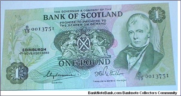 1 Pound.Bank of Scotland. Sail Ships. Sir Walter Scott with the Bank's Coat of Arms at the centre. Banknote
