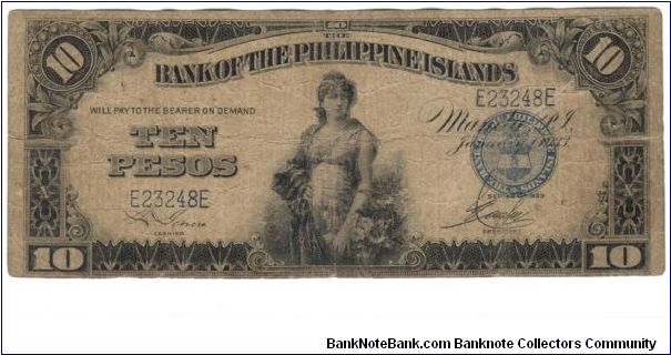 PI-23 This is a 1933 Bank of the Philippine Islands 10 Peso note. I will accept either monitary offers or reasonable trade for this item. See pictures for grade. Banknote