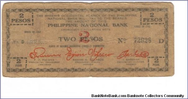 S-577a This is a Misamis Occidental 2 Peso note. I will accept either monitary offers or reasonable trade for this item. See pictures for condition. Banknote