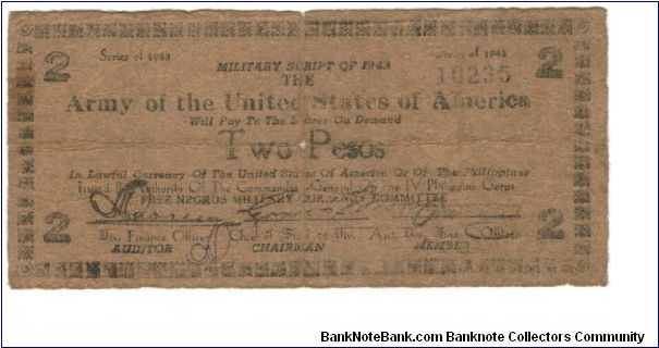 S-711 1943 2 Peso Military Script, Army of the United States of America note. I will accept either monitary offers or reasonable trade for this note. See pictures for condition. Banknote