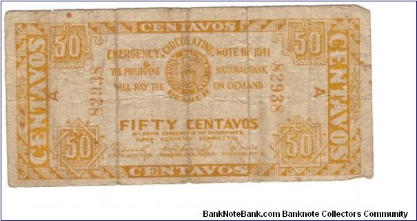 S-304 1941 Iloilo 50 Centavos Emergency Circulating Note. I will accept either monitary offers or reasonable trade for this item. Please see pictures for grade. Banknote