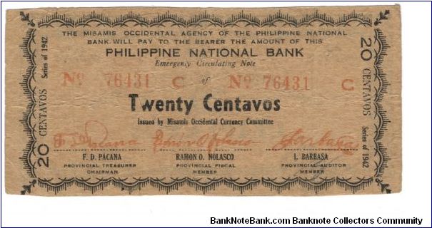 S-574 Misamis Occidental Philippine National Bank 20 Centavos note. I will accept either monitary offers or reasonable trade for this item. Please see pictures for condition. Banknote