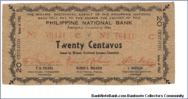 S-574 Misamis Occidental Philippine National Bank 20 Centavos note. I will accept either monitary offers or reasonable trade for this item. Please see pictures for condition. Banknote
