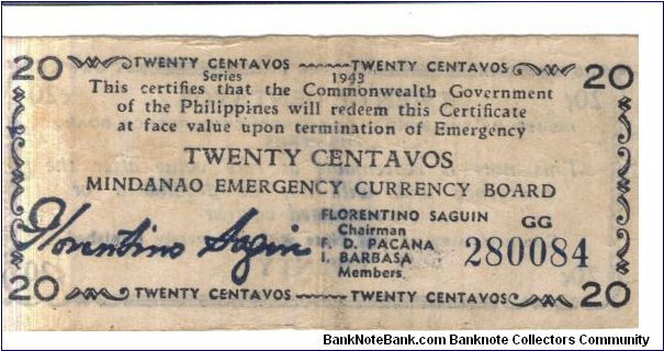 S-503, Mindanao Emergency Currency Board 20 Centavos note. I will accept either monitary offers or reasonable trade for this item. Please seen pictures for condition. Banknote