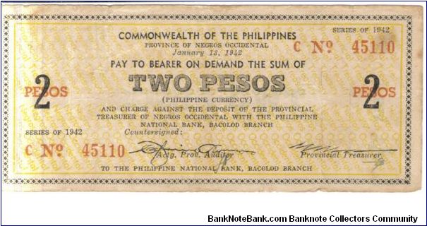 S-636, Negros Occidental 2 Peso note. I will accept either  monitary offers or reasonable trade for this item. Please see pictures for condition. Banknote