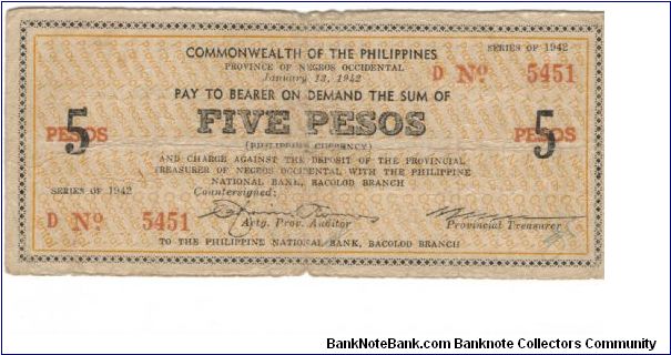 S-637 Negros Occidental 5 Peso note. I will accept either monitary offers or reasonable trade for this item. Please see pictures for condition. Banknote