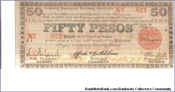 S-665 Negros Emergency Currency 50 Pesos note. I will accept either monitary offers or reasonable trade for this item. Please see pictures for condition. Banknote