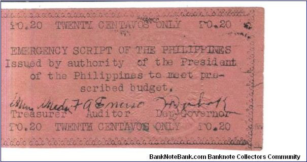 S-122, 20 Centavos Apayao War note, dull red. Banknote