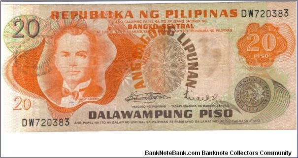 PI-149 1973 20 Peso overprint error, overprint misplaced on note. Banknote