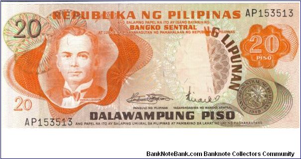 PI-149 1973 20 Peso overprint error, overprint partly printed on note. Banknote