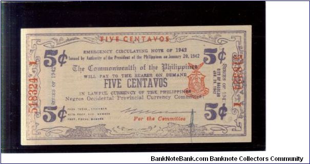 S-640, Negros Occidental 5 centavos note. Banknote