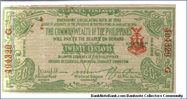 S-644, Negros Occidental 20 Centavos note. Banknote