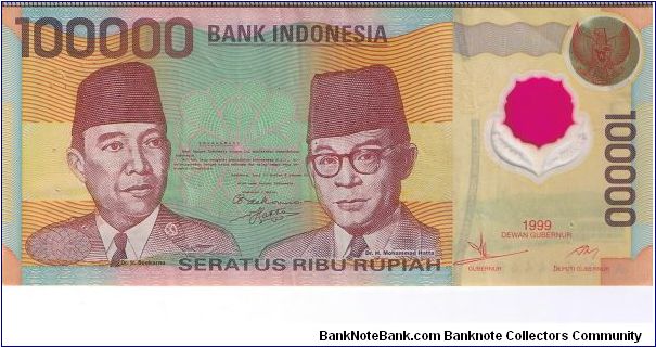 Indonesia 1999 100000 rupiah polymer! Pretty neat except it has several staple holes. Banknote