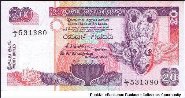 Sri Lanka 1991 20 rupees. Pretty interesting. Note printed by Thomas de La Rue. Banknote