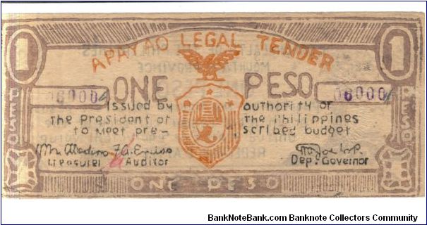A-111b Apayao 1 Peso note. Banknote