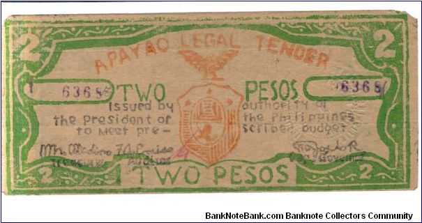 S-113 Apayao 2 Peso note. Banknote