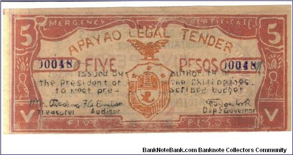 S-114a Apayao 5 Peso note. Banknote