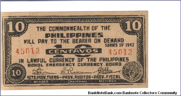 S-131d Bohol 10 centavo note. Banknote