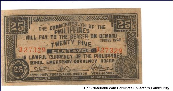 S-133 Bohol 25 centavos note. Banknote