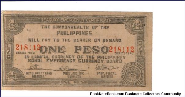 S-138 Bohol 1 Peso note. Banknote