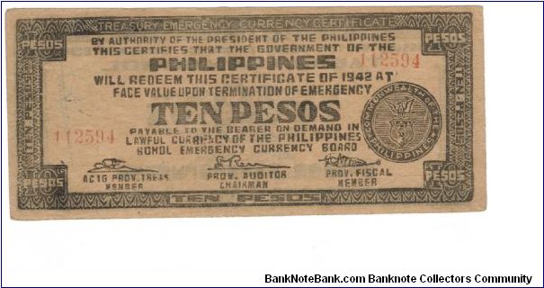 S-137e Bohol 10 Peso note. Banknote