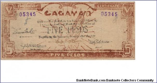 S-191a Cagayan 5 Peso note with black text. Banknote