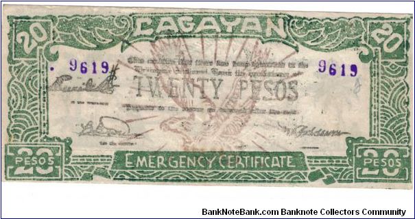 S-194b Cagayan 20 Peso note, commercially watermarked paper. Banknote