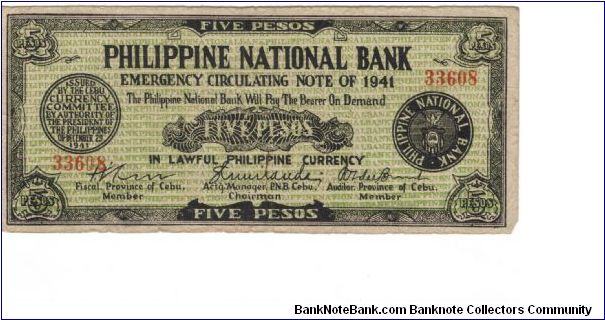 S-216 Cebu 5 Peso note. Banknote