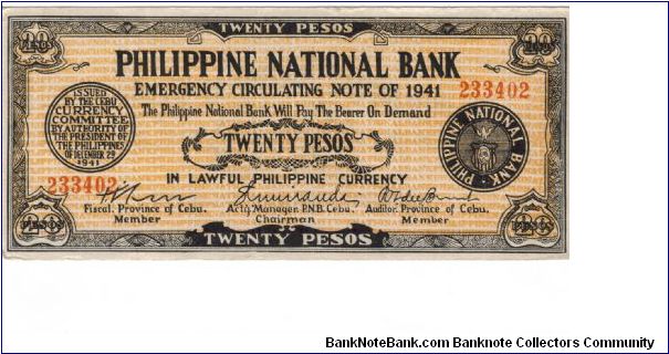 S-218a Cebu 20 Peso note. Banknote