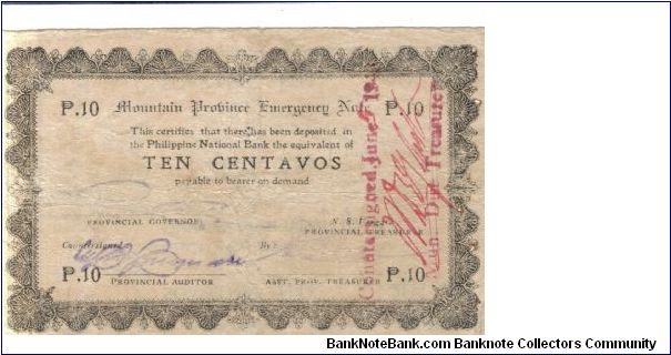 S-592 Misamia 10 centavos note. Countersigned with red signatures. Banknote