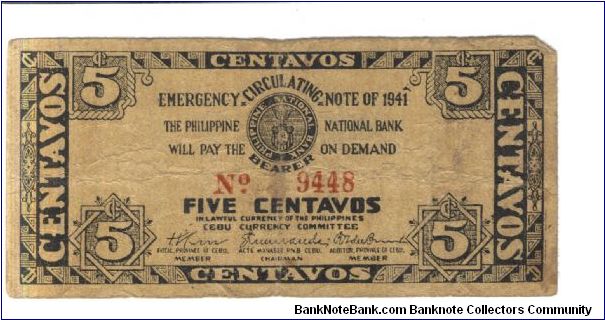 S-211 Cebu 5 centavos note. Banknote