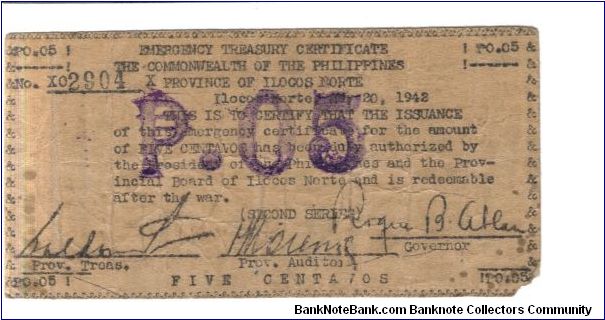 S-287b Rare Ilocos 5 centavos note, second series. Banknote