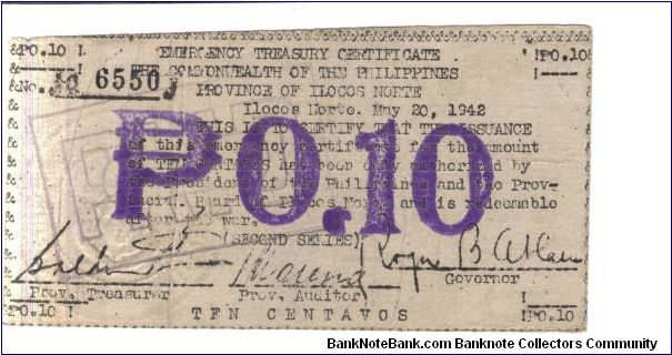 S-291b Rare Ilocos 10 centavos note, second series. Banknote