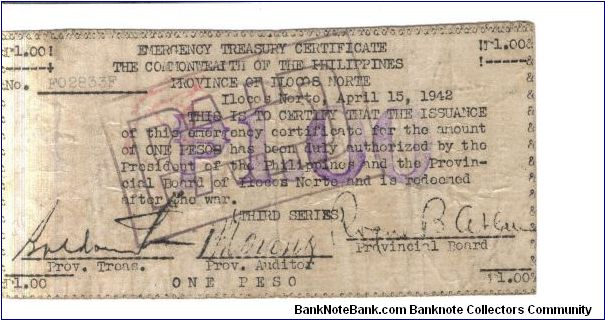 S-277 Rare Ilocos 1 Peso note, third series. Banknote