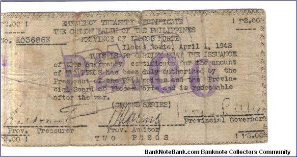 S-271 Rare Ilocos 2 Peso note, second series. Banknote