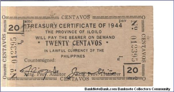 S-332, Ilocos 20 centavos Provincial Treasury Certificate. Banknote