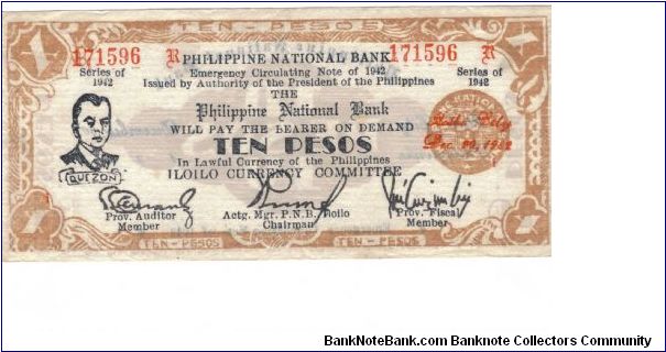 S-317a Ilocos 10 Peso note. Red overprint date. Banknote