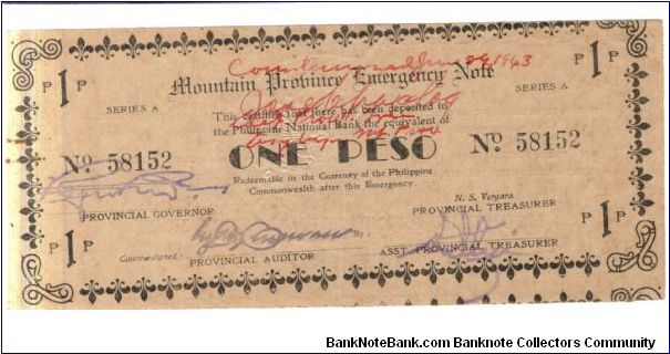 S-601 Misamis 1 Peso note, small heading. Countersigned with red signatures. Banknote