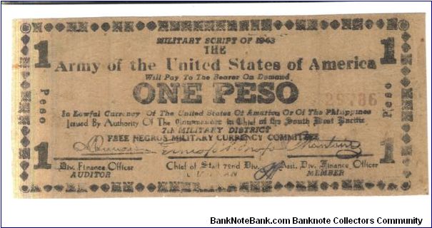 S-715 1 Peso Army of the United States of America Free Negros Military currency note. Banknote