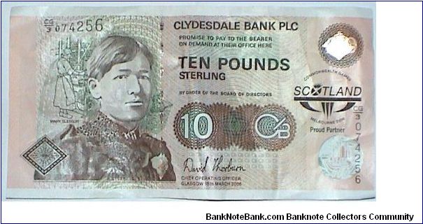 Scotland. Clydesdale Bank. Mary Slessor. Commemorative of Commonwealth Games in Melbourne. Banknote